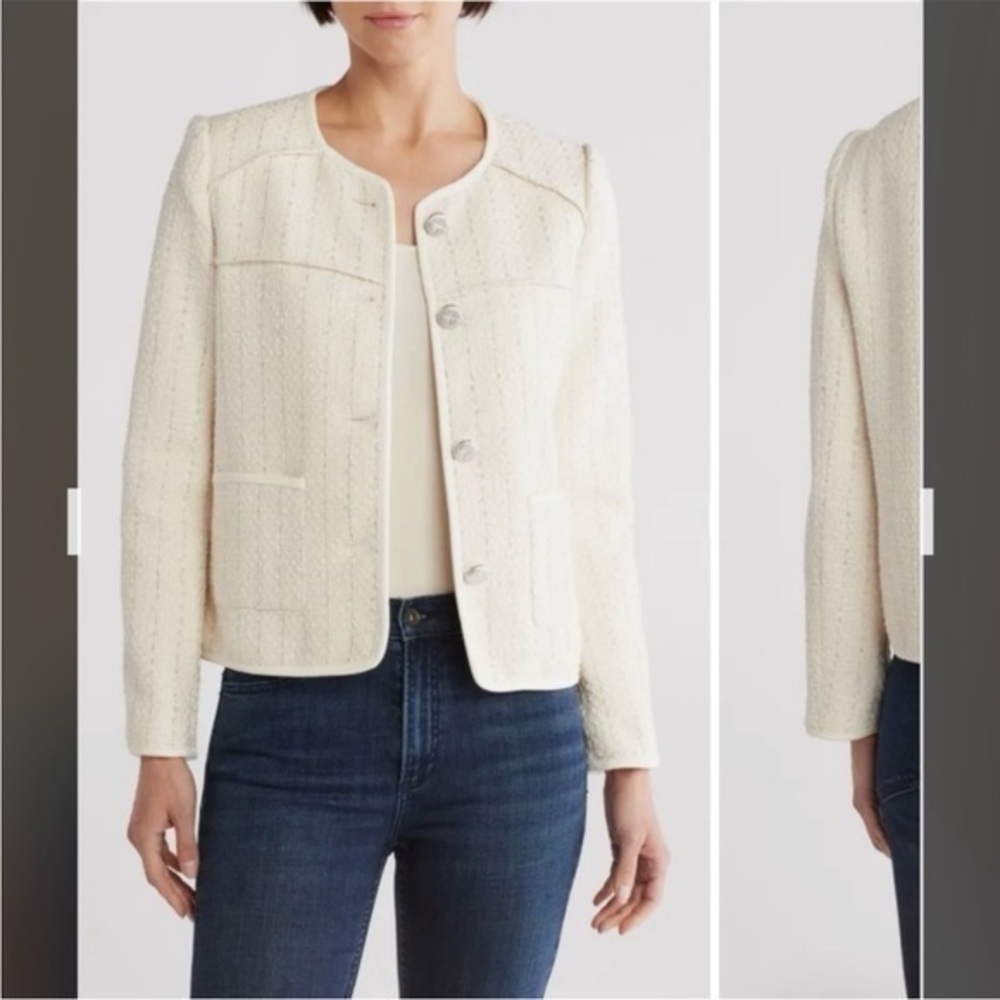 rag & bone Mira Collarless Tweed Jacket in Ivory/ Silver Size S